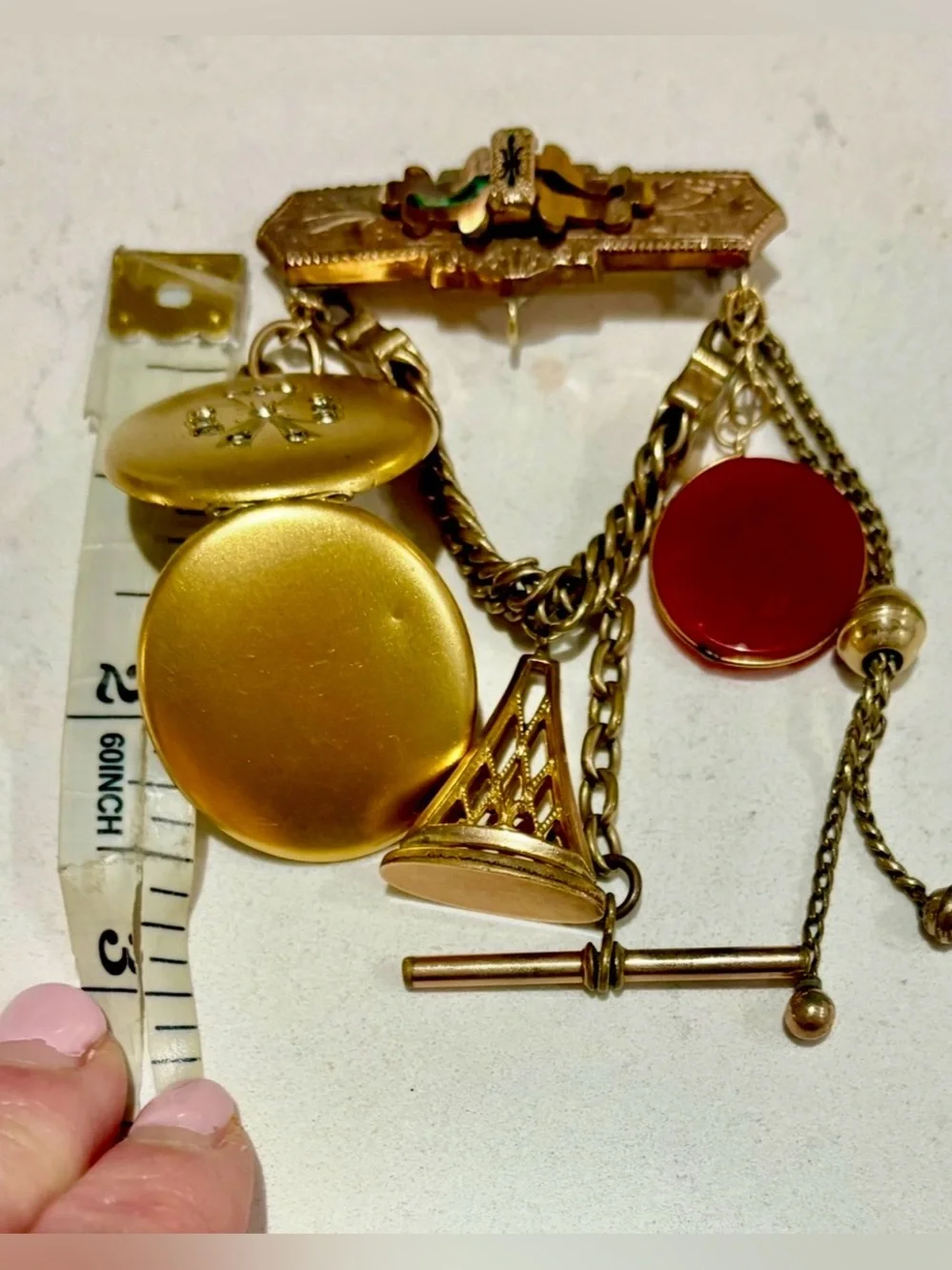 Antique Victorian 19thC Gold Chatelaine Brooch Locket Carnelian Fob Pin